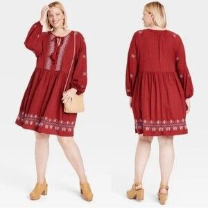 Knox Rose Peasant Dress Womens Size 2X Embroidered Boho Festival Cottagecore NEW